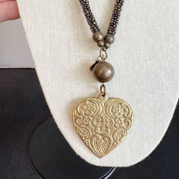 Vintage Suku Chunky Gold Tone Heart Long Necklace Boho Unique Bohemian - Picture 8 of 9